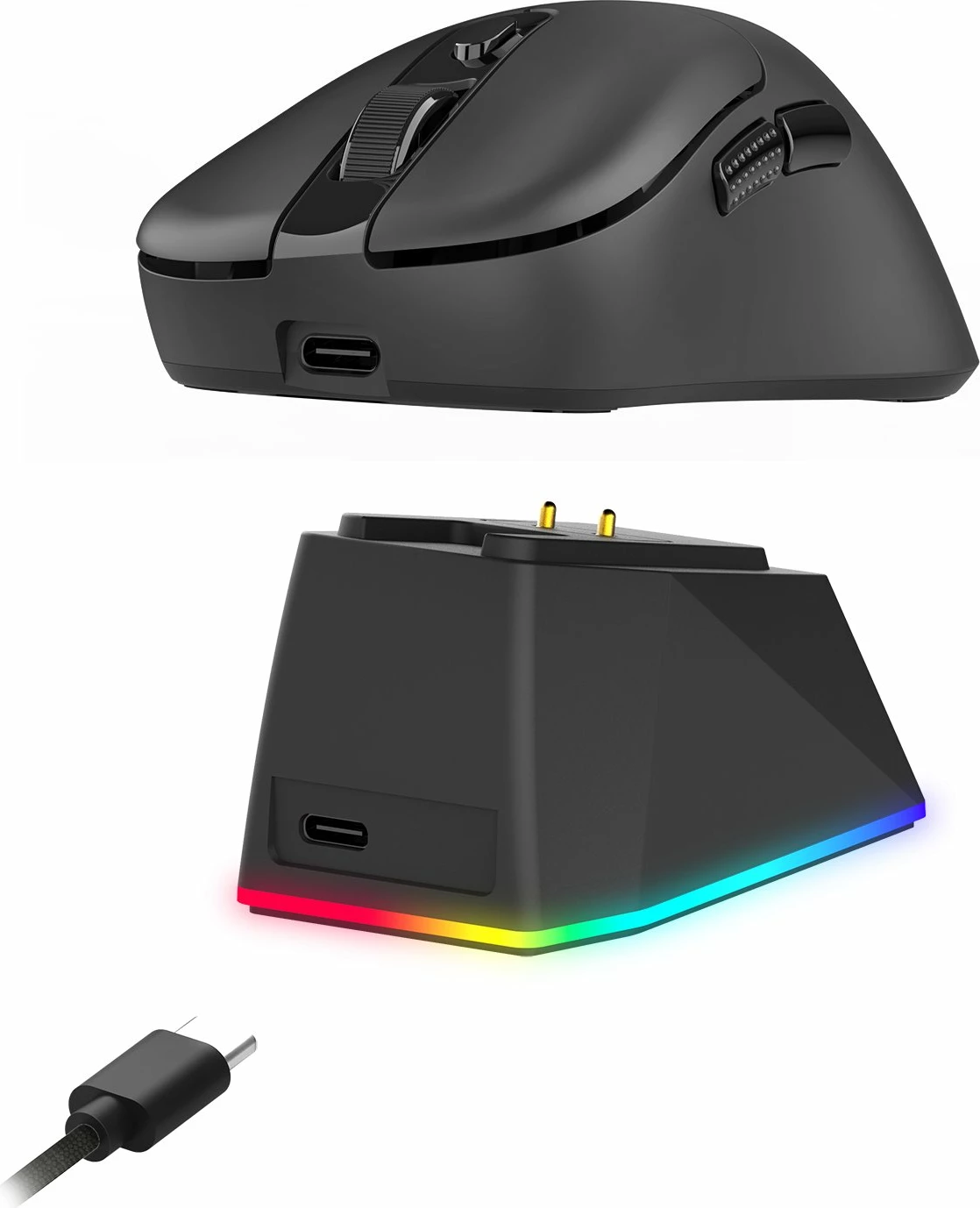 Maus Redragon Ebony Ultra M998-ULT 8K, 30000 DPI, tri-mode (USB/2.4GHz/Bluetooth), 6 butona, 61 g, me stacion karikimi magnetik RGB me LCD, i zi, set 2 copë