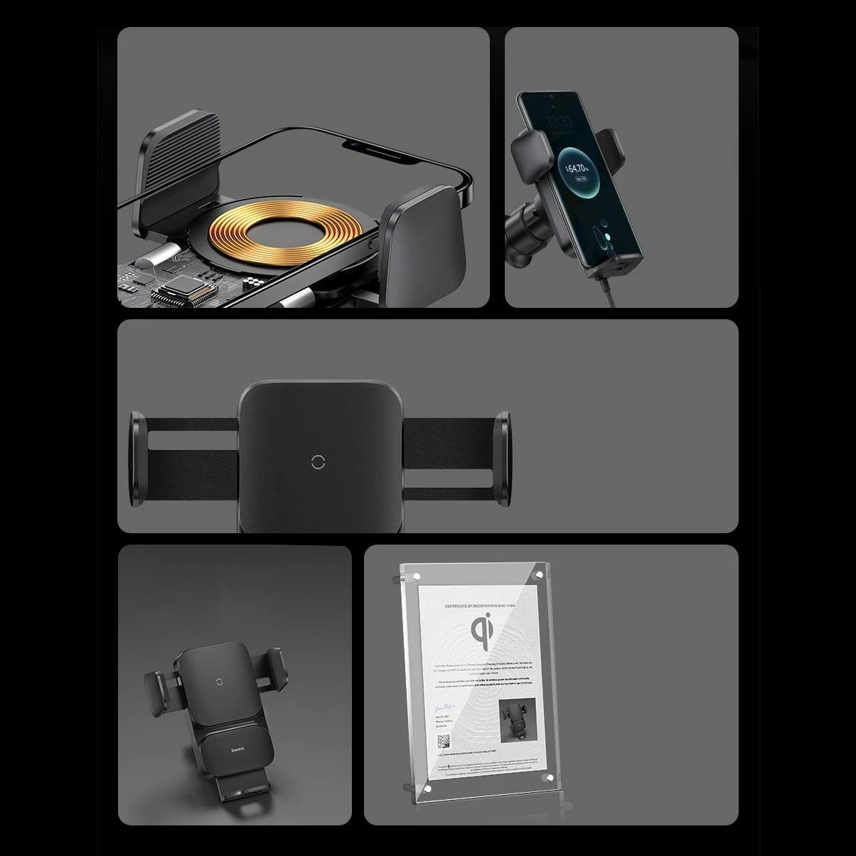 Mbajtës celulari Baseus Wisdom CGZX000001, karikim pa tel Qi 15W, për grilë ventilimi, USB-C, kabllo 1 m, i zi