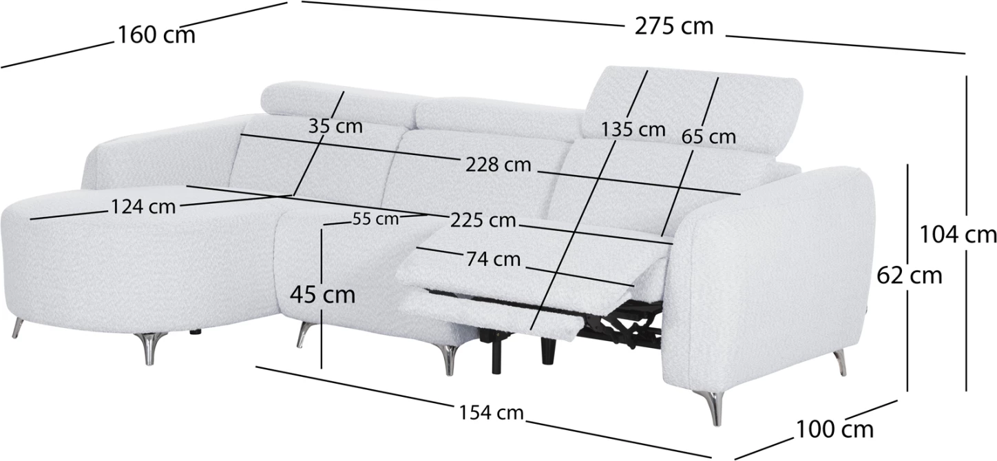 Këndore e majtë treshe me recliner Valente, material teddy, ngjyrë gri e çelët, CD3317.01L, 275x160x104cm