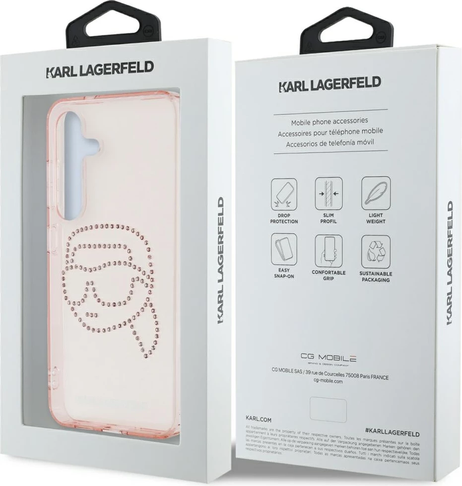 Mbështjellës Karl Lagerfeld Rhinestones K. Head Logo për Samsung Galaxy S25, rozë