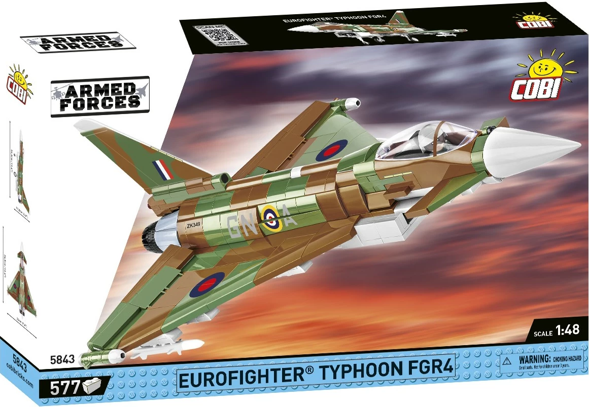 Set blloqe ndërtimi, Cobi Klocki, 5843 Eurofighter Typhoon FGR4 1:48, 577 pjesë, plastikë, me bazë ekspozimi, kamuflazh RAF