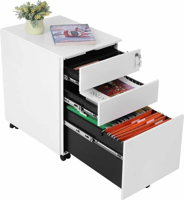 Kabinet zyre me rrota SONGMICS OFC60WT, 3 sirtarë, çelik, 39 x 52 x 60 cm, i bardhë