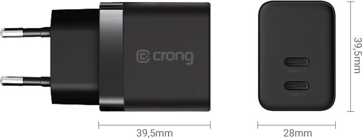 adapter karikues muri GaN, CRONG, CRG-GNCC35-BLK, 35W PD 3.0 me PPS, 2x USB-C, e zezë
