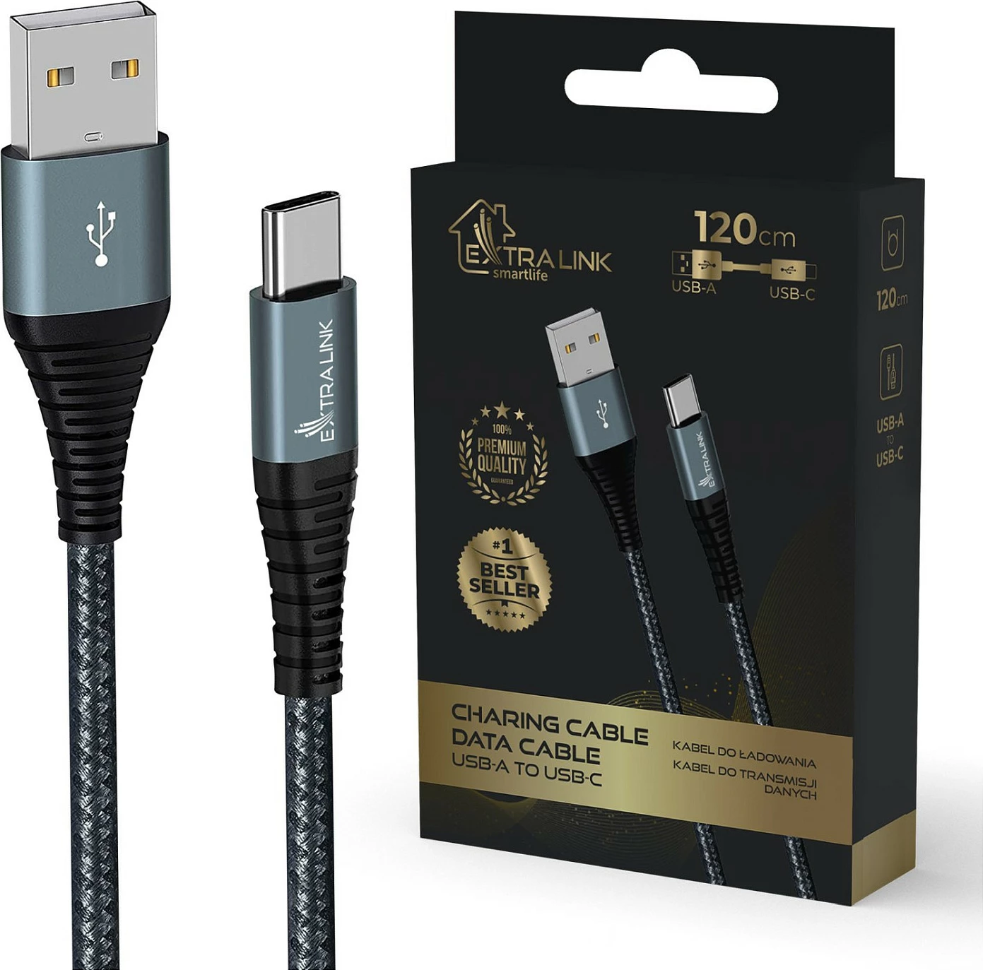 Kabllo Extralink Smart Life USB-A në USB-C, 120cm, 15W, e gërshetuar najlon, e zezë