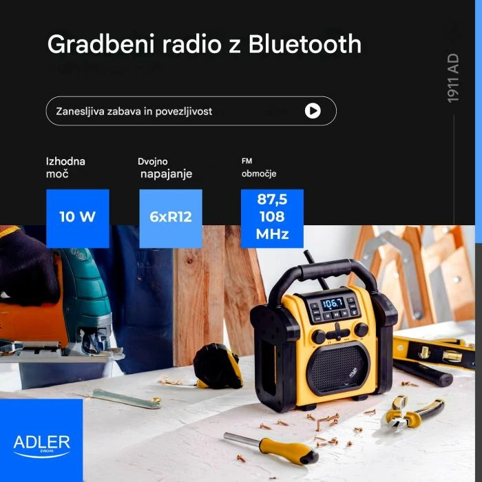 Radio portative ADLER AD1911, Bluetooth 5.1, FM, 10 W, IPX54, AUX, furnizim me rrymë ose 6x R14, verdhë/zezë