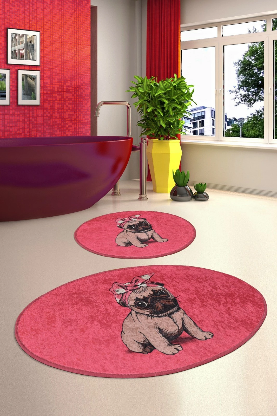 Set tapetash për banjo (2 copë), Mijölnir, ngjyrë rozë me qen Pug