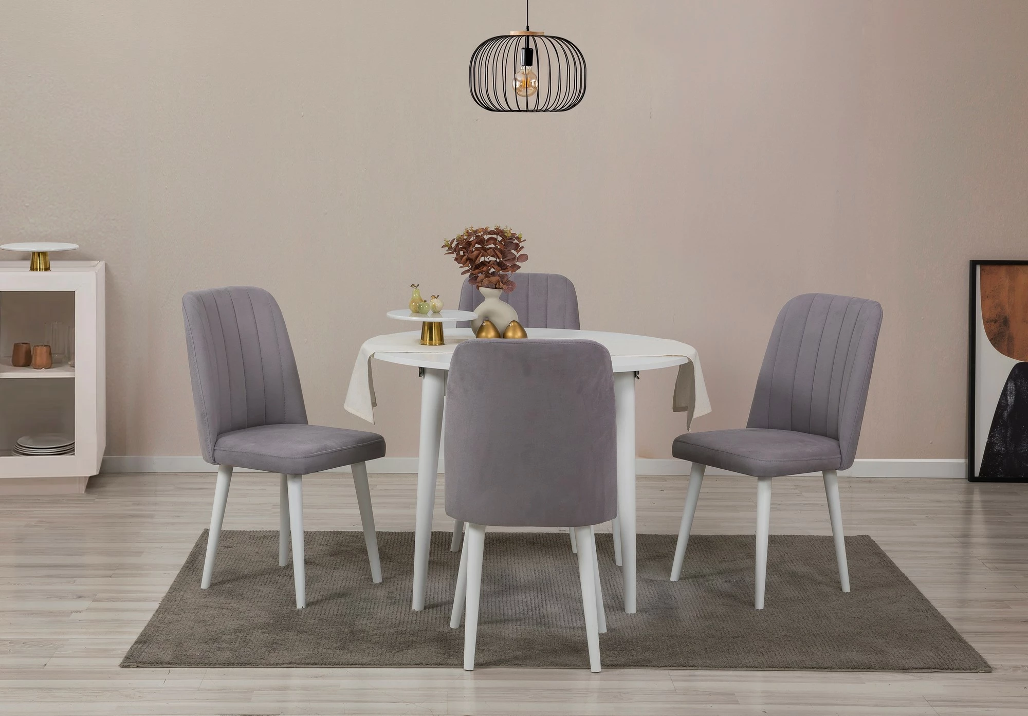 Tavolinë me karrige, zgjatshme, 5 copë, Skye Decor Vina 0701, e bardhë, gri