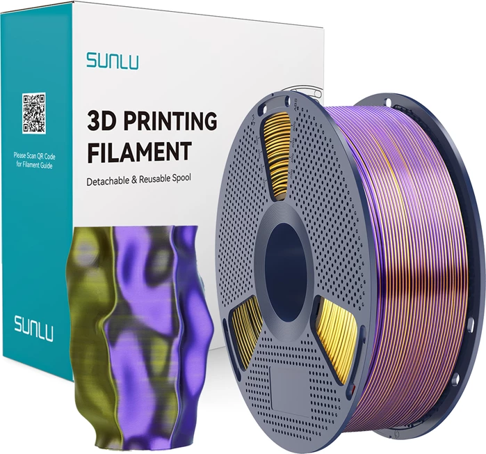 Filament 3D Sunlu PLA+ Silk Tri-Color PLA+ Silk TC B Go Pu, Multi Color, për printerë FDM, zi/ari/vjollcë