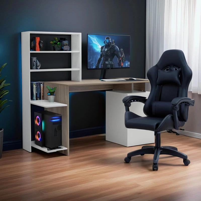 Tavolinë zyre me raft dhe dollap Meza, ngjyrë sonoma-bardhë, 146.3x55x128.8cm