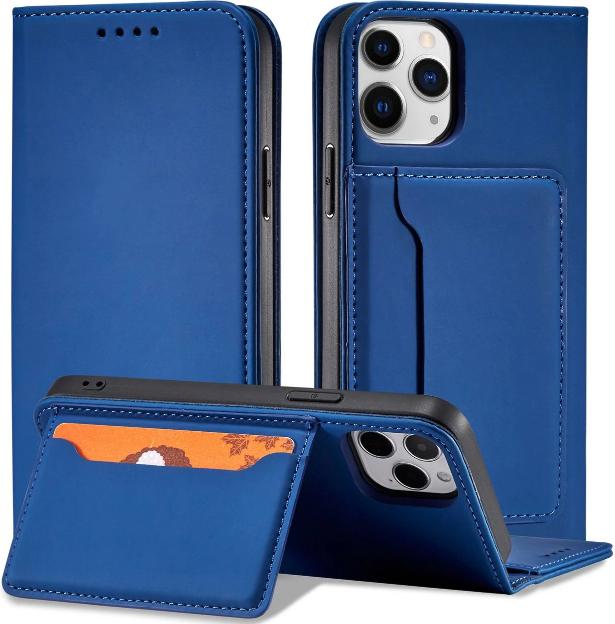 Mbështjellës Hurtel Magnet Card Case për iPhone 12 Pro Max, me kapak, portofol dhe mbajtëse, Blu