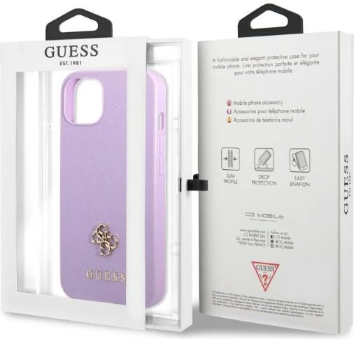 Mbështjellës Guess GUHCP13SPS4MU për iPhone 13 mini 5.4", Saffiano 4G Small Metal Logo, vjollcë