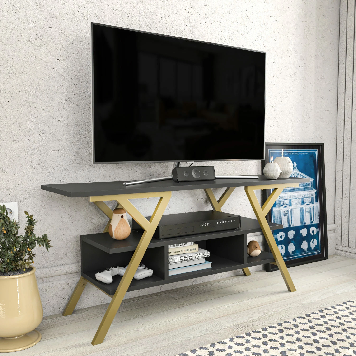 Komodinë TV Skye Decor, ngjyrë ari dhe antracit, Minerva