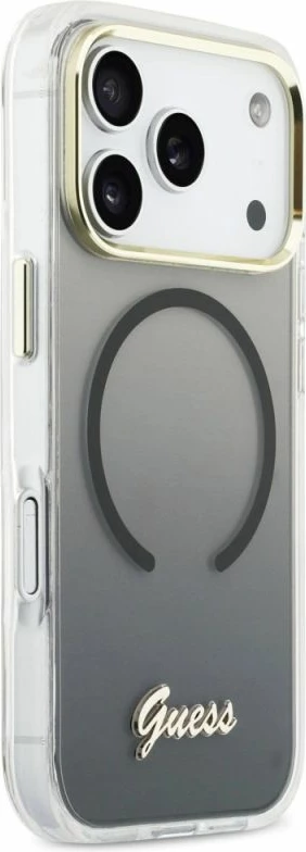 Kapak telefoni Guess IML Gradient Script Metal MagSafe për iPhone 17 Pro, i zi