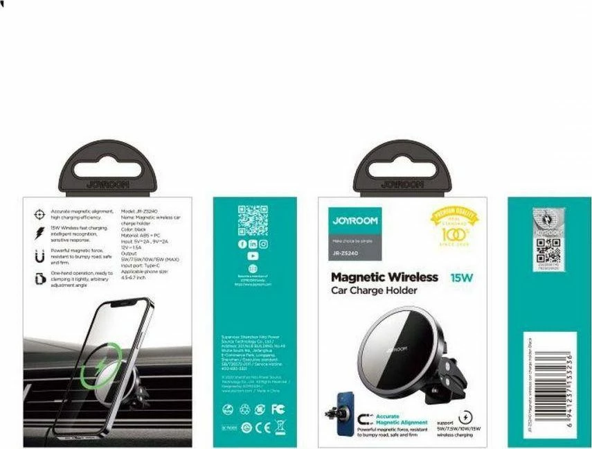 Mbajtës magnetik për celular Joyroom JR-ZS240, MagSafe, karikim wireless 15W, për grilë ventilimi, 360°, i zi/argjend, set me kabllo Type-C
