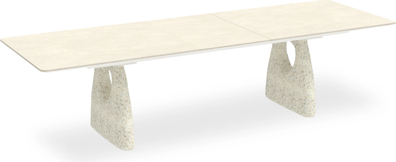 Tavolinë ngrënieje e zgjatshme GOFFEN, alumin ngjyrë fildishi, sipërfaqe prej guri të sinterizuar, 240-300x100x76.5cm