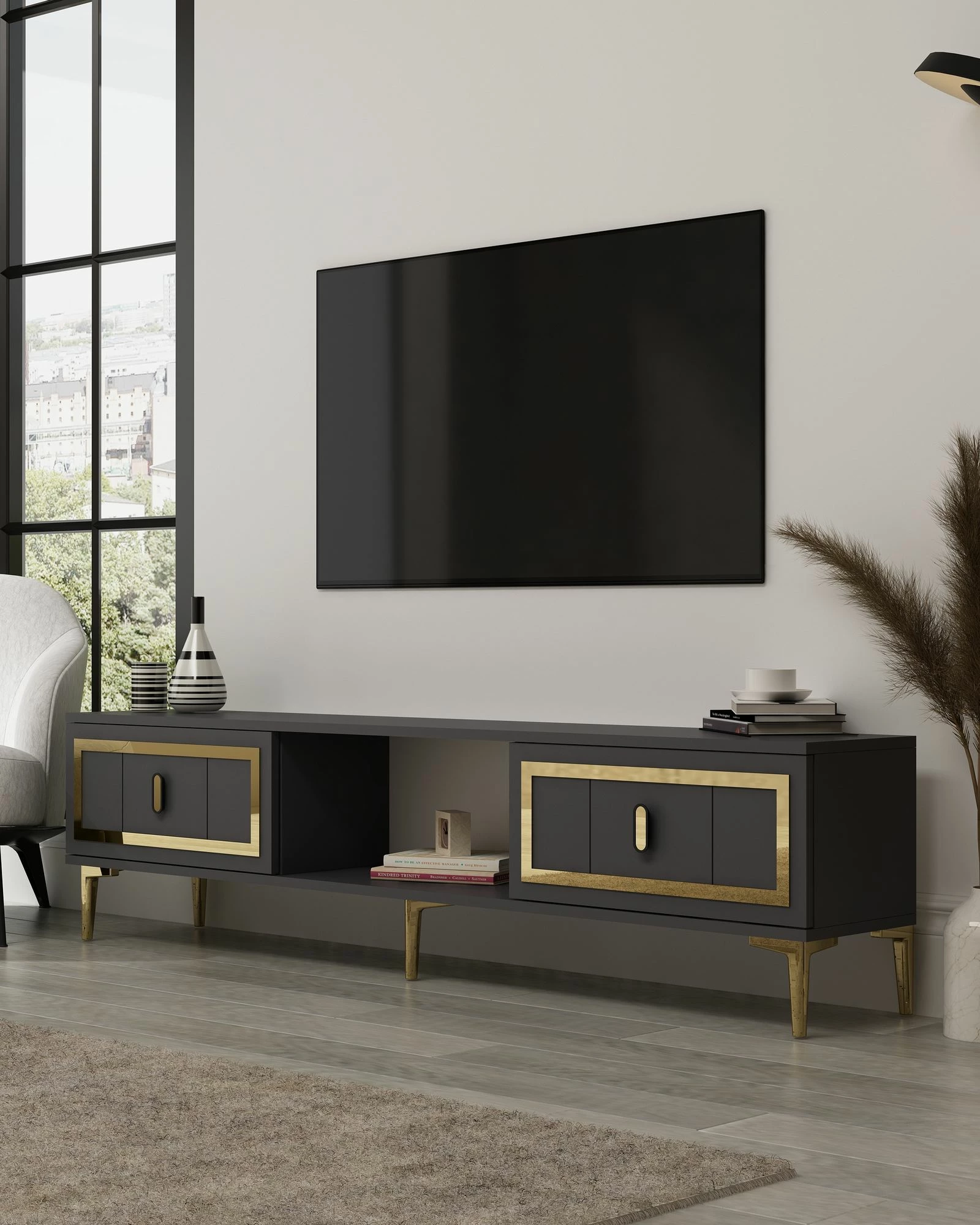 Komodë TV Skye Decor, ngjyrë antracit, ar