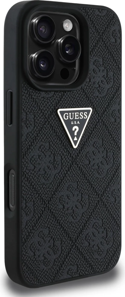 Mbështjellës Guess Hot Stamp 4G Pattern Triangle Metal Logo për iPhone 16 Pro Max, i zi
