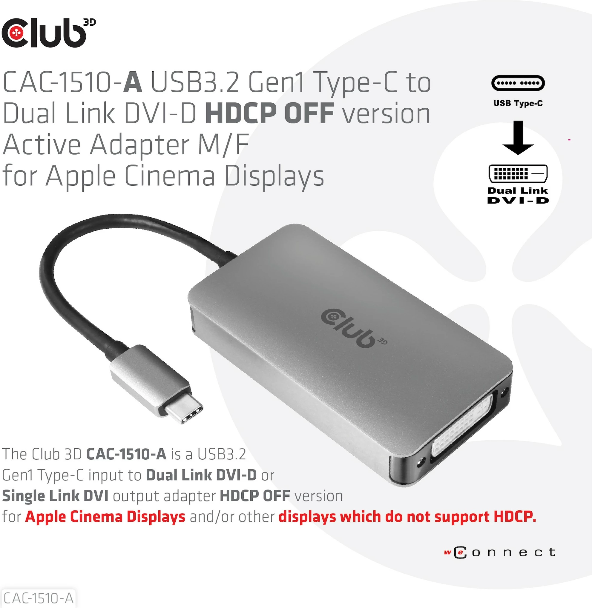 Adapter Club3D USB Type-C në DVI-D, Dual Link, 0.25m, gri