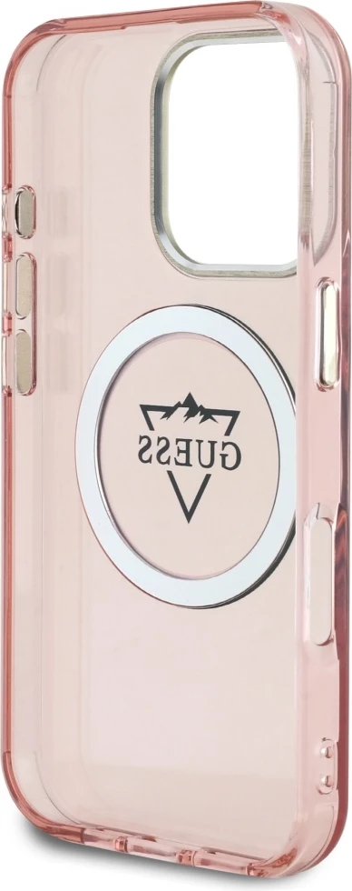 Mbështjellës Guess IML Metal Mountain Logo MagSafe për iPhone 16 Pro Max, Rozë