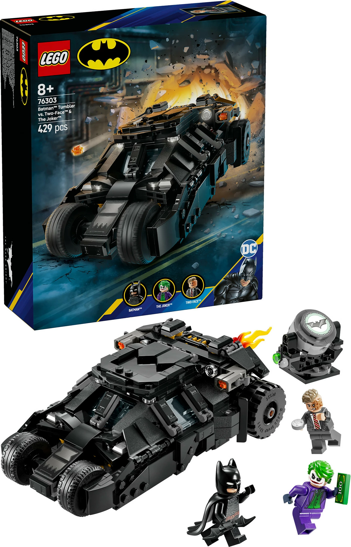 Set ndërtimi LEGO DC Super Heroes 76303 Batman Tumbler vs Two Face & Joker, 429 pjesë, multikolor