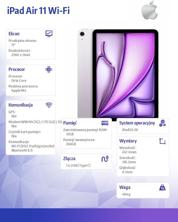 Tablet Apple iPad Air 11\" WiFi 256GB MH394HC/A, vjollcë, me kabllo USB-C 1m