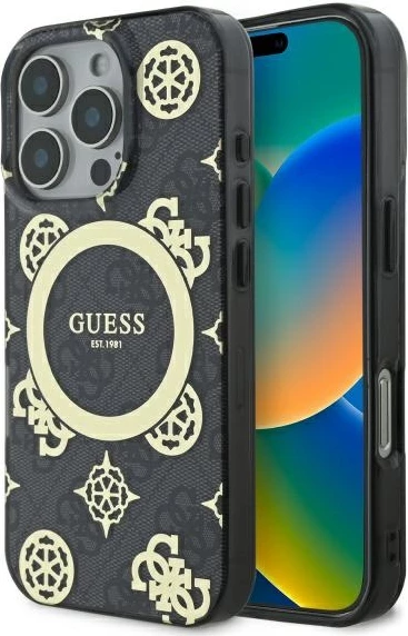 Mbështjellës Guess IML Peony On 4G Background MagSafe për iPhone 16 Pro, zi