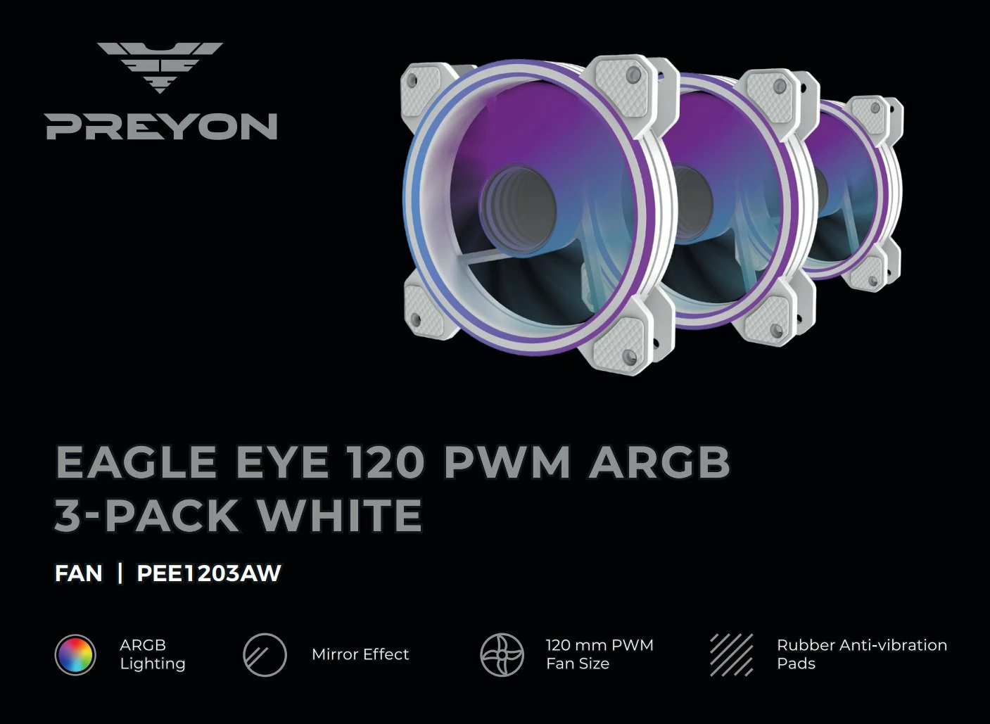 Ventilator kasë PC PREYON Eagle Eye 120mm PWM ARGB, 3 copë, i bardhë