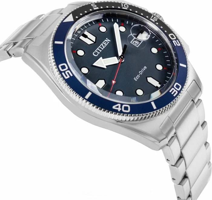 Orë dore sportive meshkuj CITIZEN Marine AW1761-89L, blu e argjendtë, set me kuti