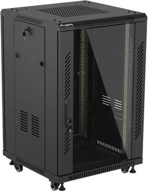 Kabinet rack LANBERG 19" 18U 600x600, me derë xhami, i zi