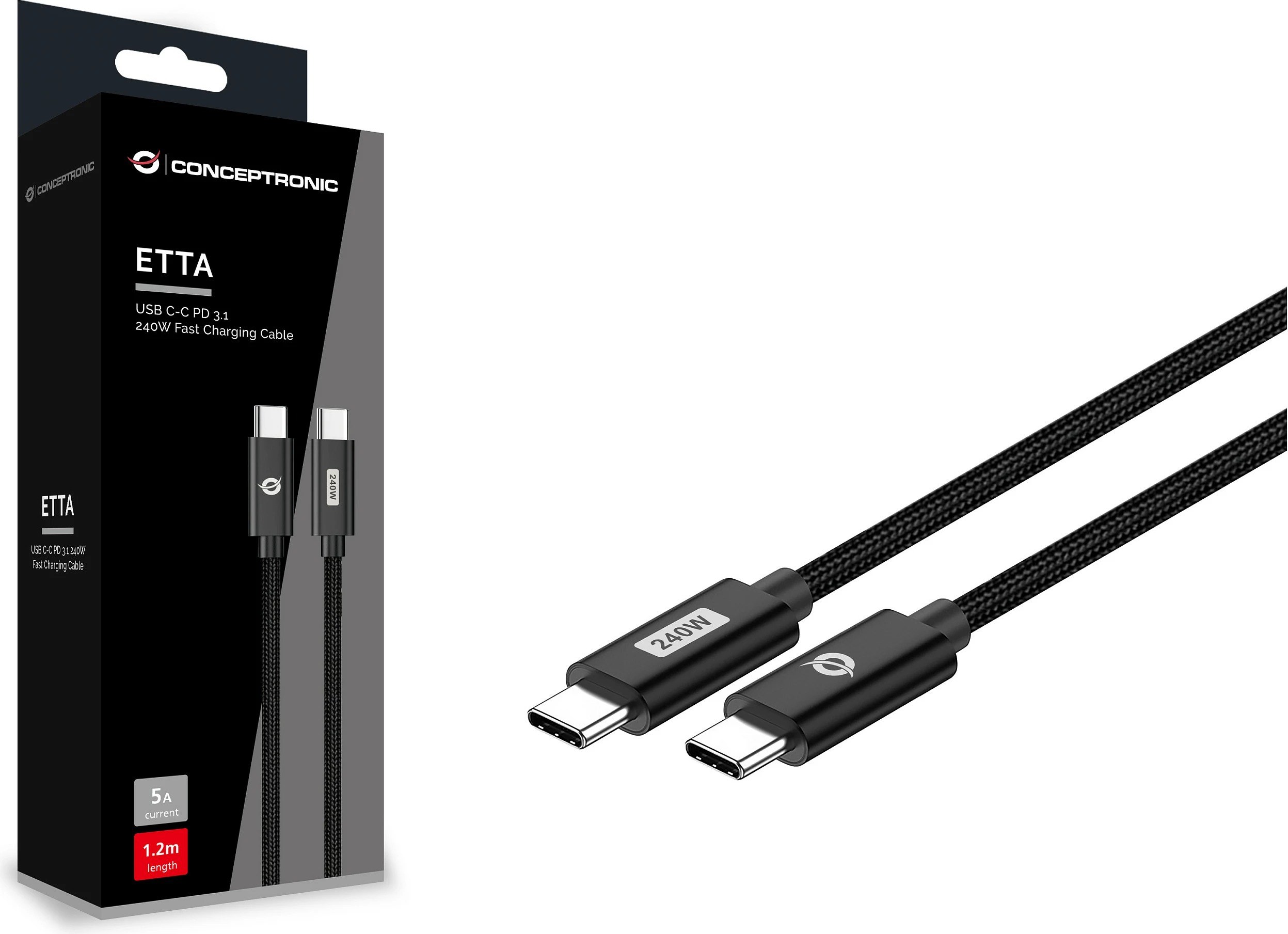 Kabllo USB-C në USB-C Conceptronic ETTA03B20, PD 3.1 240W, 2 m, e zezë