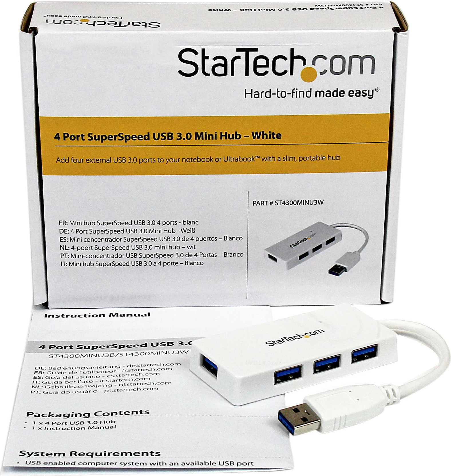 Hub USB StarTech ST4300MINU3W, 4x USB 3.2 Gen 1 Type-A, 5Gbps, i bardhë
