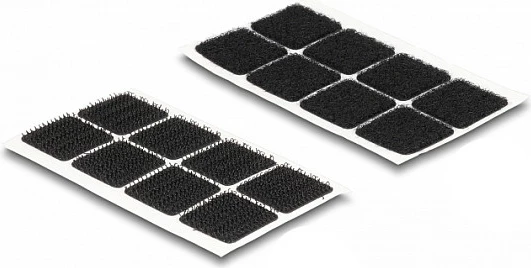Pika ngjitëse me grep-dhe-lak (Velcro) DeLOCK, katrore 20 mm, 64 copë, e zezë