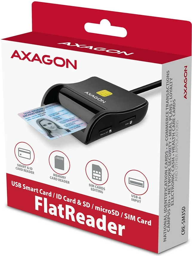 Lexues kartelash AXAGON CRE-SM3SD, USB 2.0, për Smart Card/SD/microSD/SIM, i zi