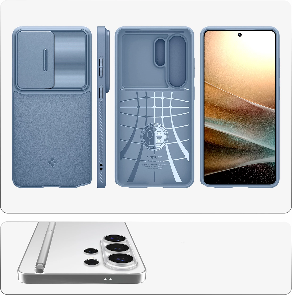 Mbështjellës Spigen Optik Armor për Samsung Galaxy S26 Ultra, me mbulesë rrëshqitëse për kamerë, Blu, 1 copë