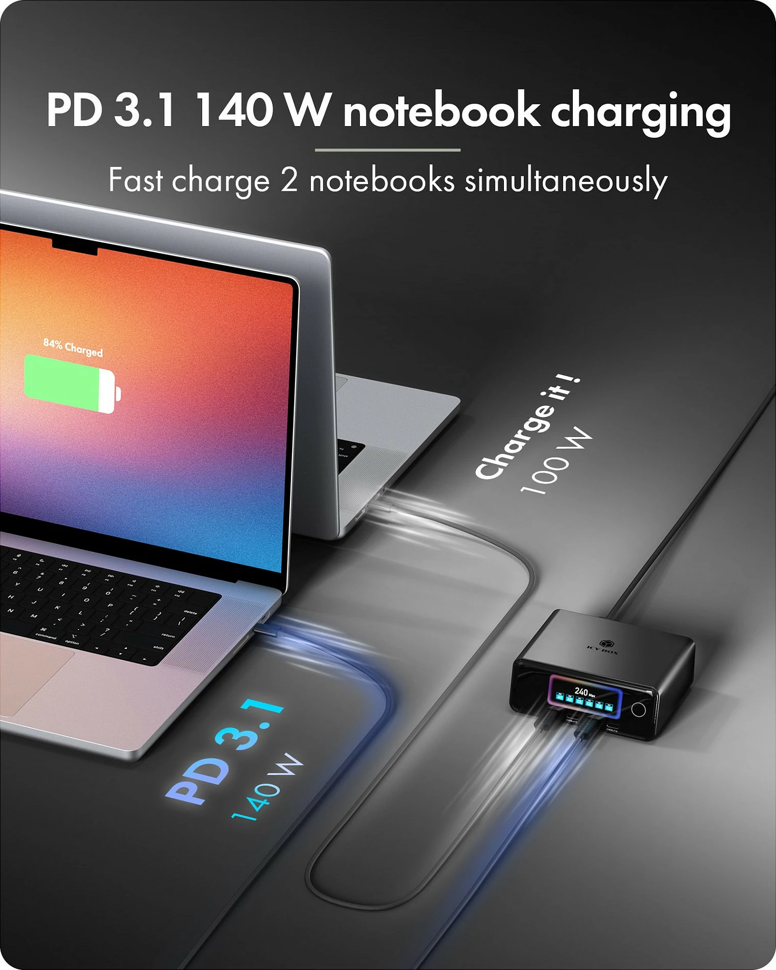 Karikues USB ICY BOX, 240W, ekran LCD, 4x USB-C, 2x USB-A, i zi