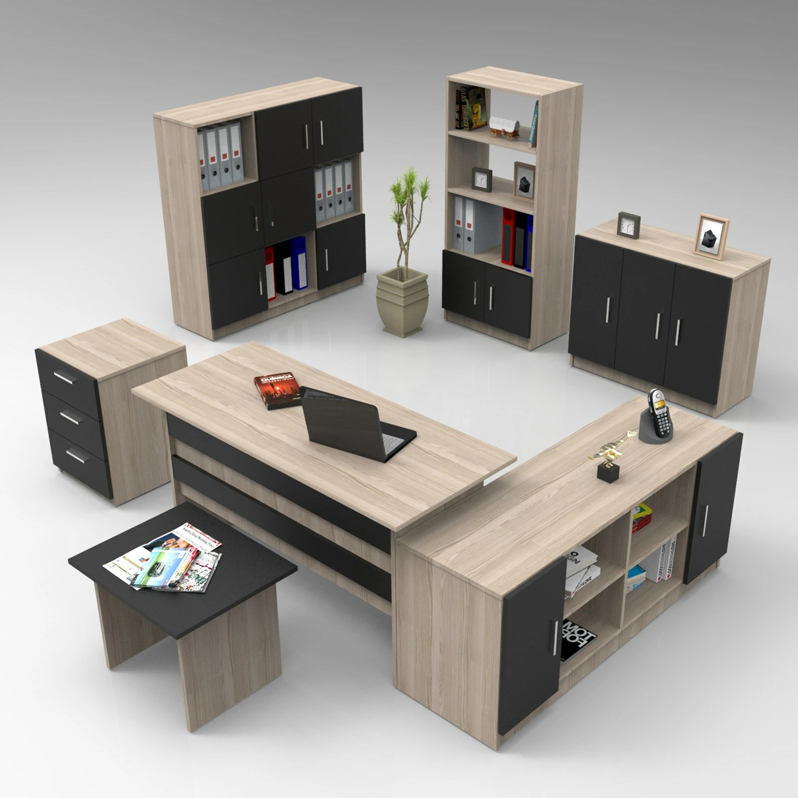 Set mobiljesh për zyre Skye Decor, VO19-OB, ngjyrë lis, larx, e zezë
