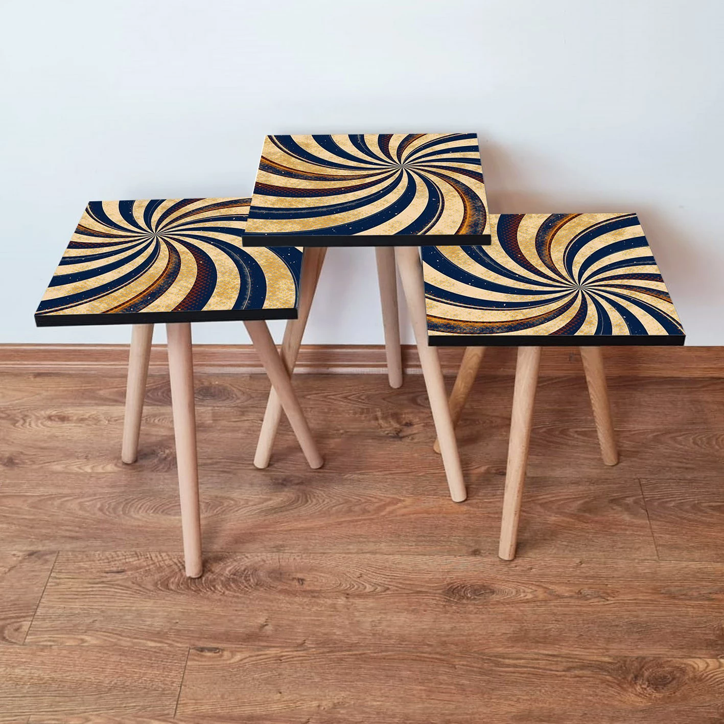 Set tavolinash ndihmëse, 3 copë, Skye Decor, 3Shp19, ngjyrë kaltër e errët, krem dhe portokalli