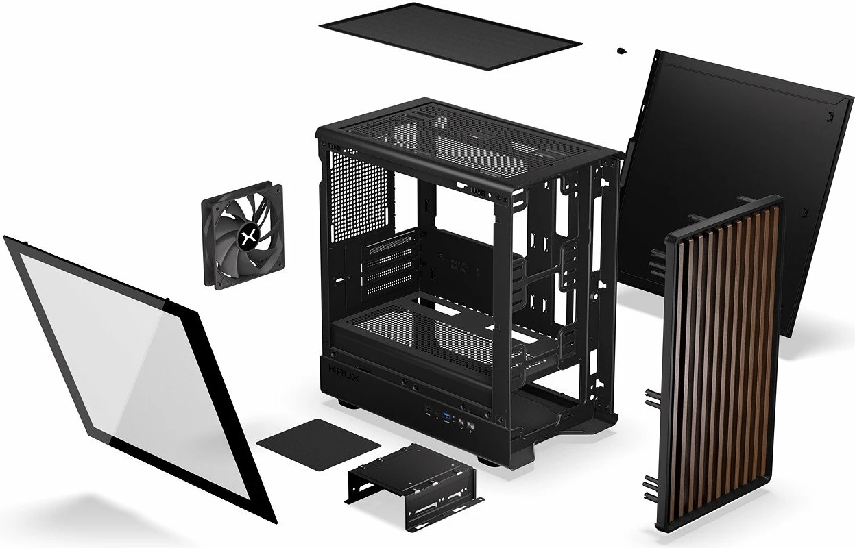 Kasë Krux Helio KRXD011 Mini Tower microATX/Mini-ITX, USB-A 3.0 + USB-C, panel anësor xham i temperuar, e zezë me dru