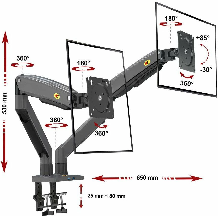 Mbajtëse tavoline për 2 monitorë North Bayou G75 22-32\", VESA 75x75/100x100, gas spring, 12 kg, e zezë