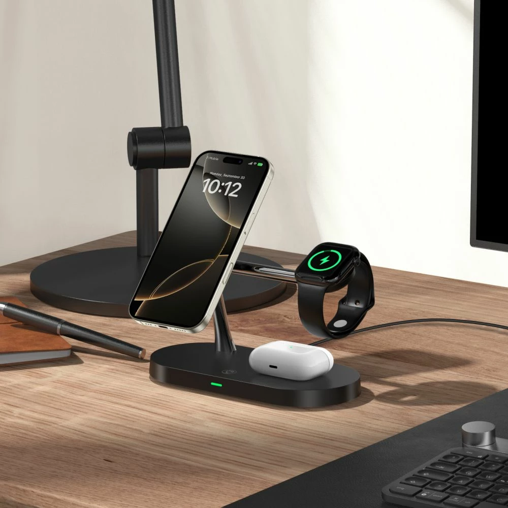 Karikues induktiv 3-në-1 Tech-Protect A12 me MagSafe, për smartphone/kufje/smartwatch, i zi
