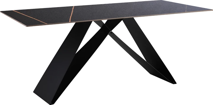 Tavolinë me sipërfaqe prej guri të sinterizuar, këmbë metalike, ngjyrë e zezë, 180x90x76cm