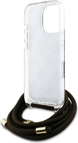 Mbështjellës Guess Crossbody Cord 4G Print për iPhone 16 Pro, Kafe
