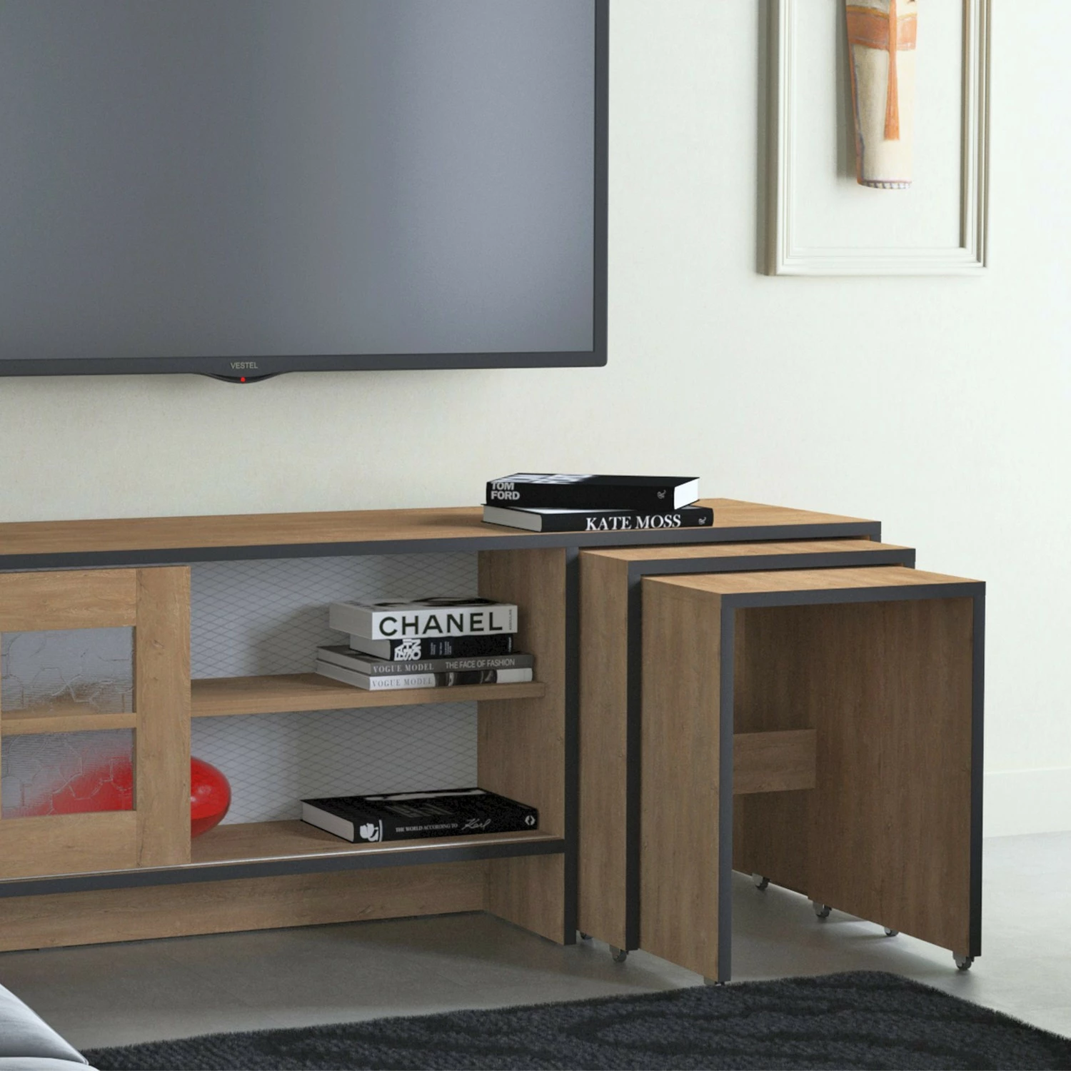 Komodinë për TV Hanah Home Revival, ngjyrë lisi, me tavolina ndihmëse