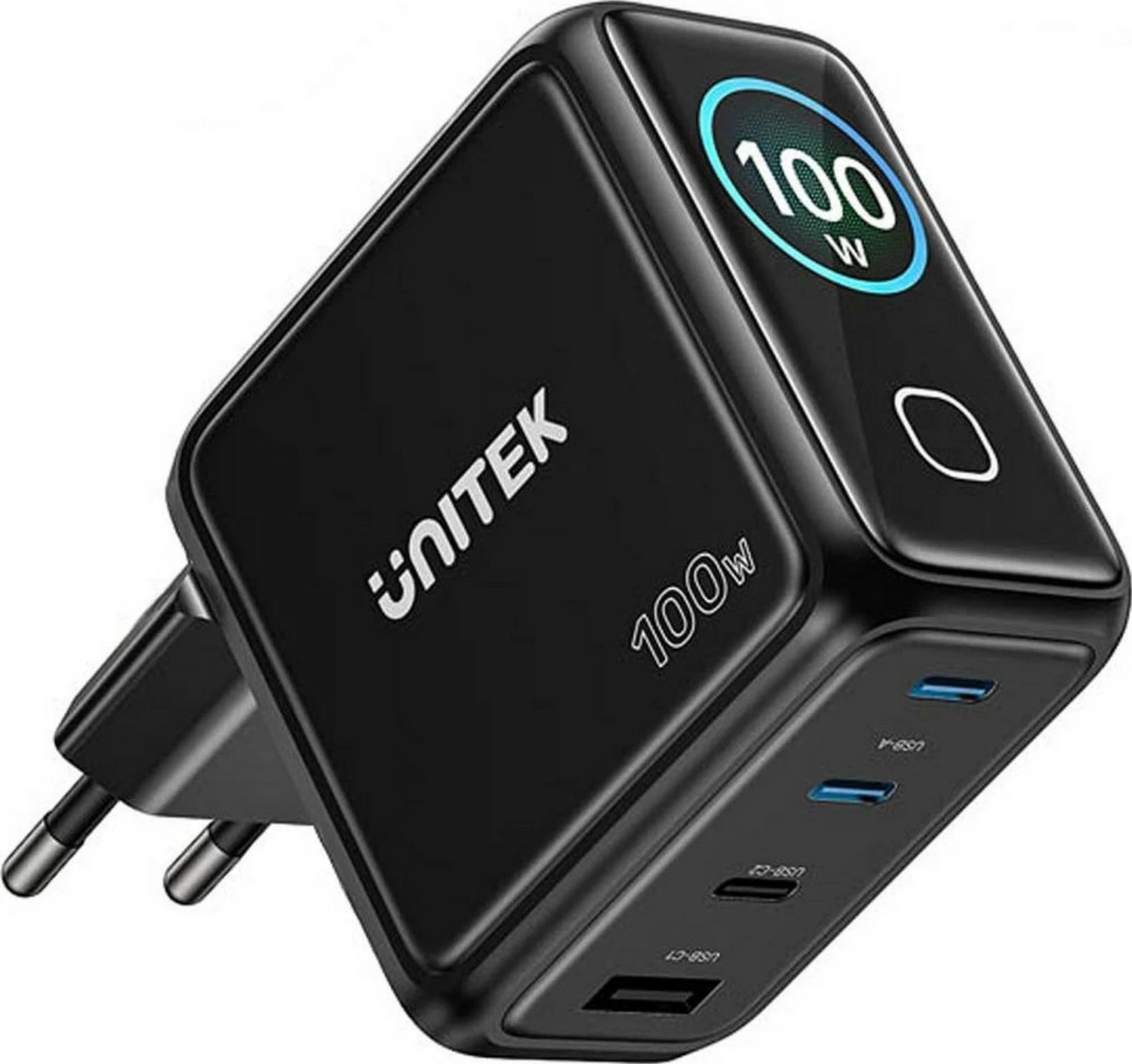 Karikues GaN Unitek me ekran, 100W, 3x USB-C, 1x USB-A, PD3.0, QC4.0, zi