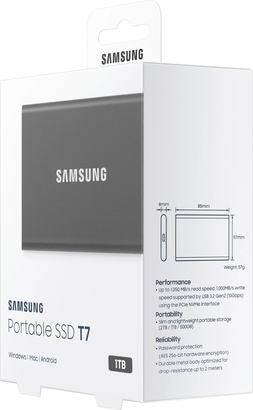 SSD portabël Samsung T7, 1 TB, USB Type-C, 3.2 Gen 2, Gri