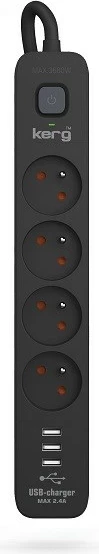 Shirit rryme KERG me ndërprerës qarku, 3USB 16A, 1.5m, i zi