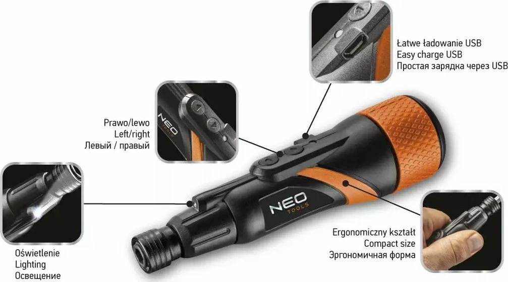 Vidëkthyes me bateri Neo 04-200, 3.6V Li-Ion 800mAh, micro-USB, 42 bita, zi/portokalli, set në kuti