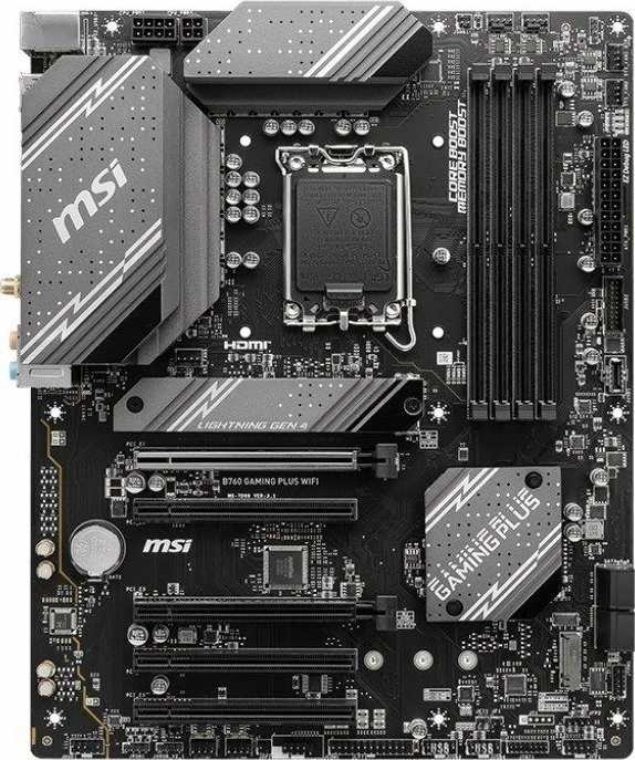 Pllakë amë MSI B760 GAMING PLUS WIFI ATX, DDR5, Wi‑Fi 6E, Bluetooth 5.2, 4x DIMM, set me 2 antena WiFi dhe kabllo SATA