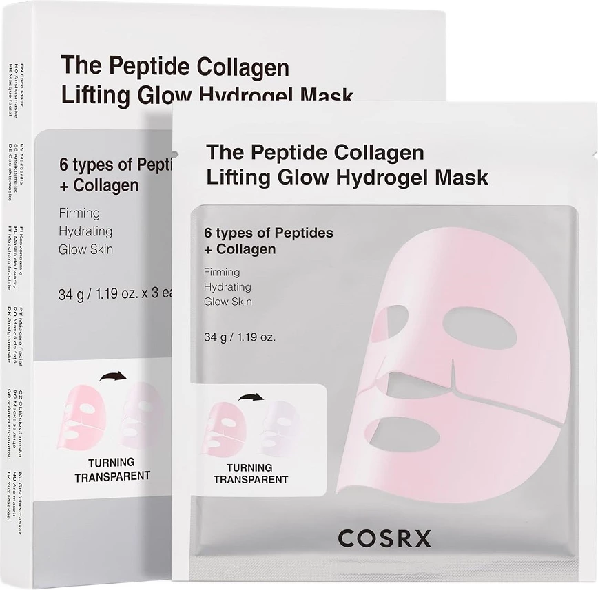Maskë hydrogel për fytyrë COSRX The Peptide Collagen Lifting Glow Hydrogel Mask për femra, 3 copë