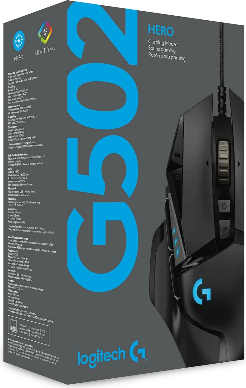 Maus Logitech G G502 HERO, 25600 DPI, USB, i zi